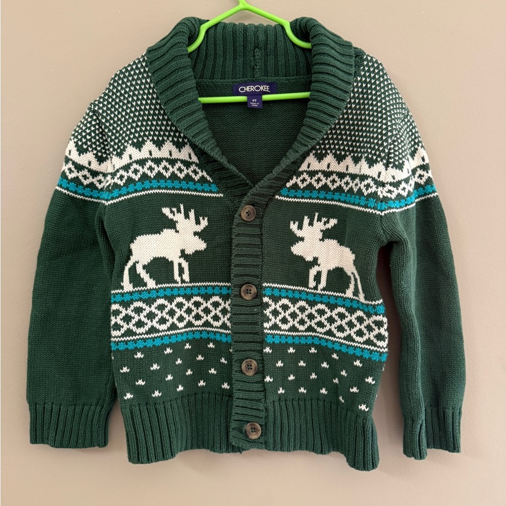 Cherokee Forest Green Kids Sweater with Moose Pattern